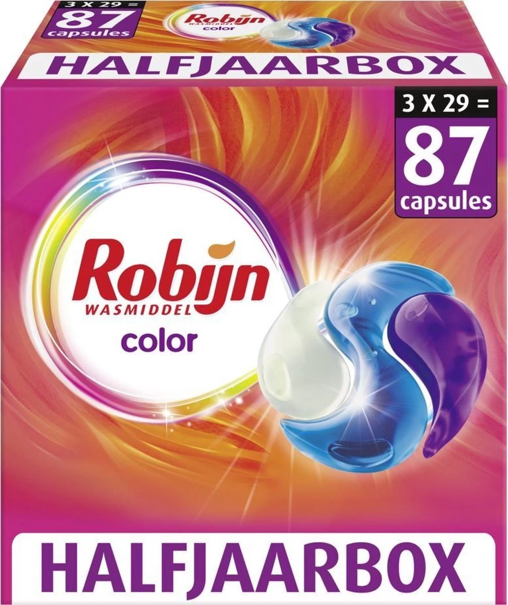 Robijn Color 3 In 1 Wascapsules - 3 X 29 Wasbeurten - Halfjaarbox 1 Robijn Color 3 In 1 Wascapsules - 3 X 29 Wasbeurten - Halfjaarbox