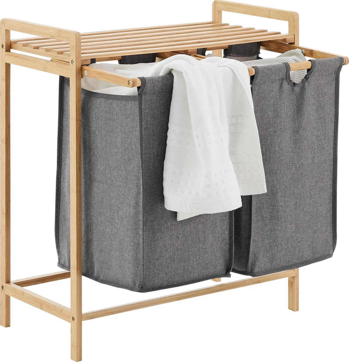 ACAZA Wasmand - Wassorteerder Met 2 Uitschuifbare Waszakken - Stof / Bamboe - Grijs 1 ACAZA Wasmand - Wassorteerder Met 2 Uitschuifbare Waszakken - Stof / Bamboe - Grijs