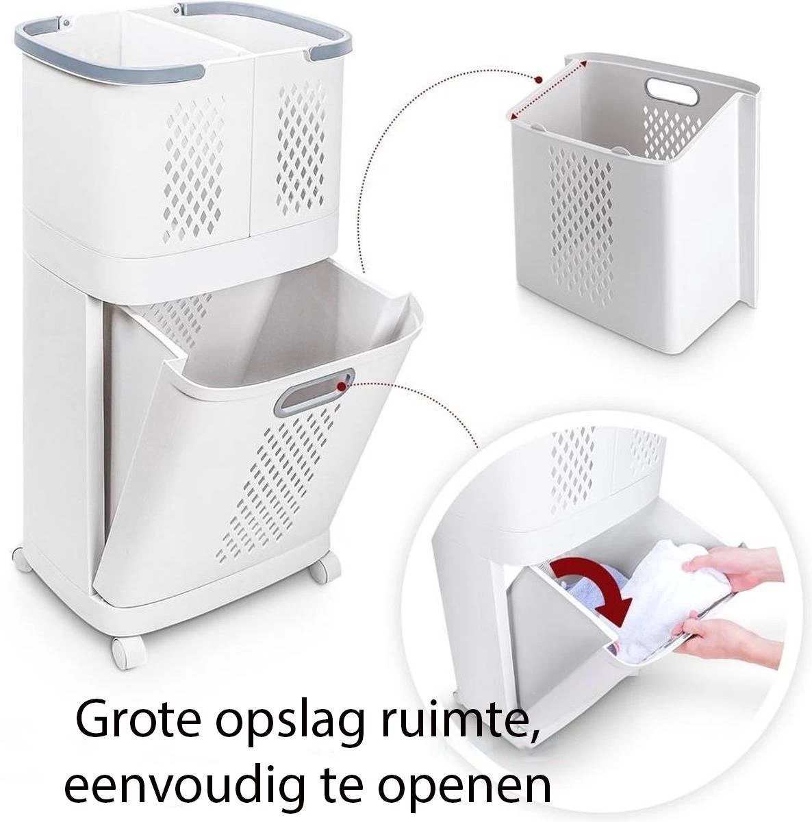 Sens Design Wasmanden Met Deksel - Wassorteerder 3 Vakken Op Wieltjes 3 Sens Design Wasmanden Met Deksel - Wassorteerder 3 Vakken Op Wieltjes - Afbeelding 3