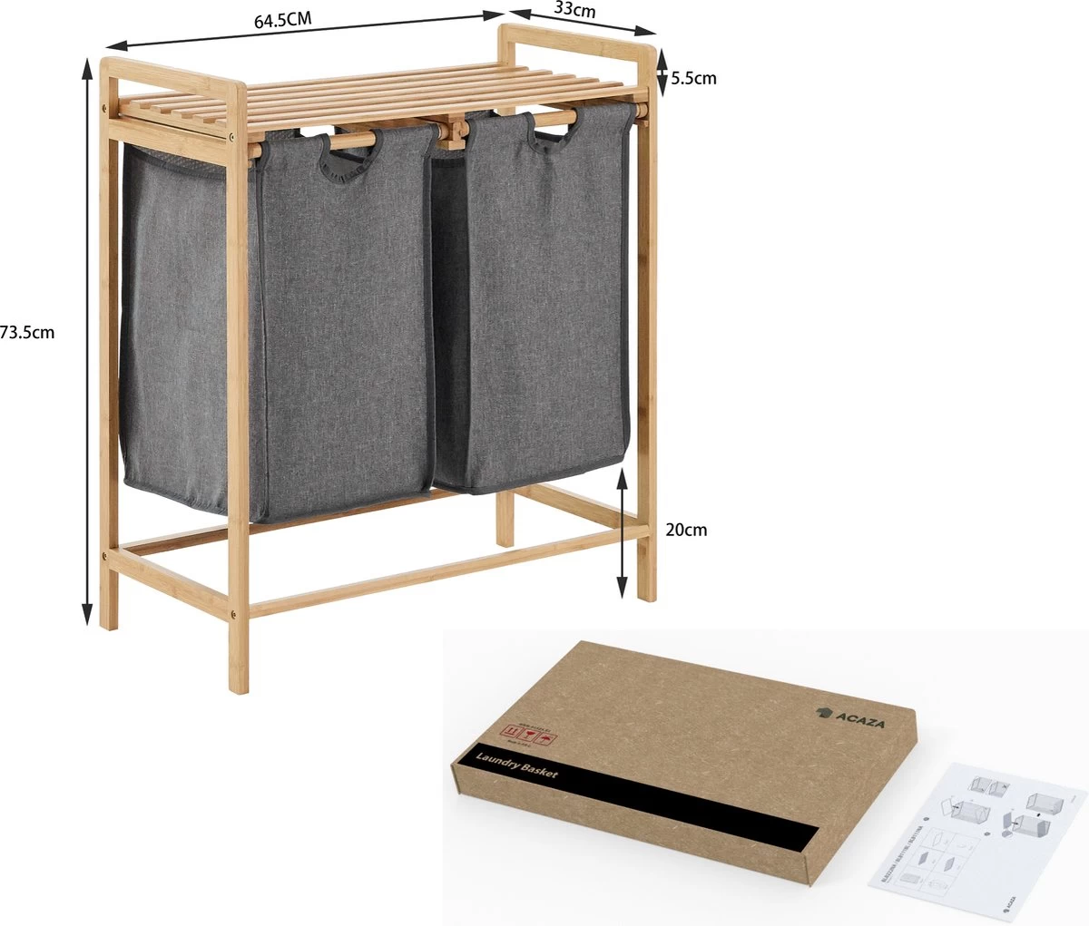 ACAZA Wasmand - Wassorteerder Met 2 Uitschuifbare Waszakken - Stof / Bamboe - Grijs 6 ACAZA Wasmand - Wassorteerder Met 2 Uitschuifbare Waszakken - Stof / Bamboe - Grijs - Afbeelding 6