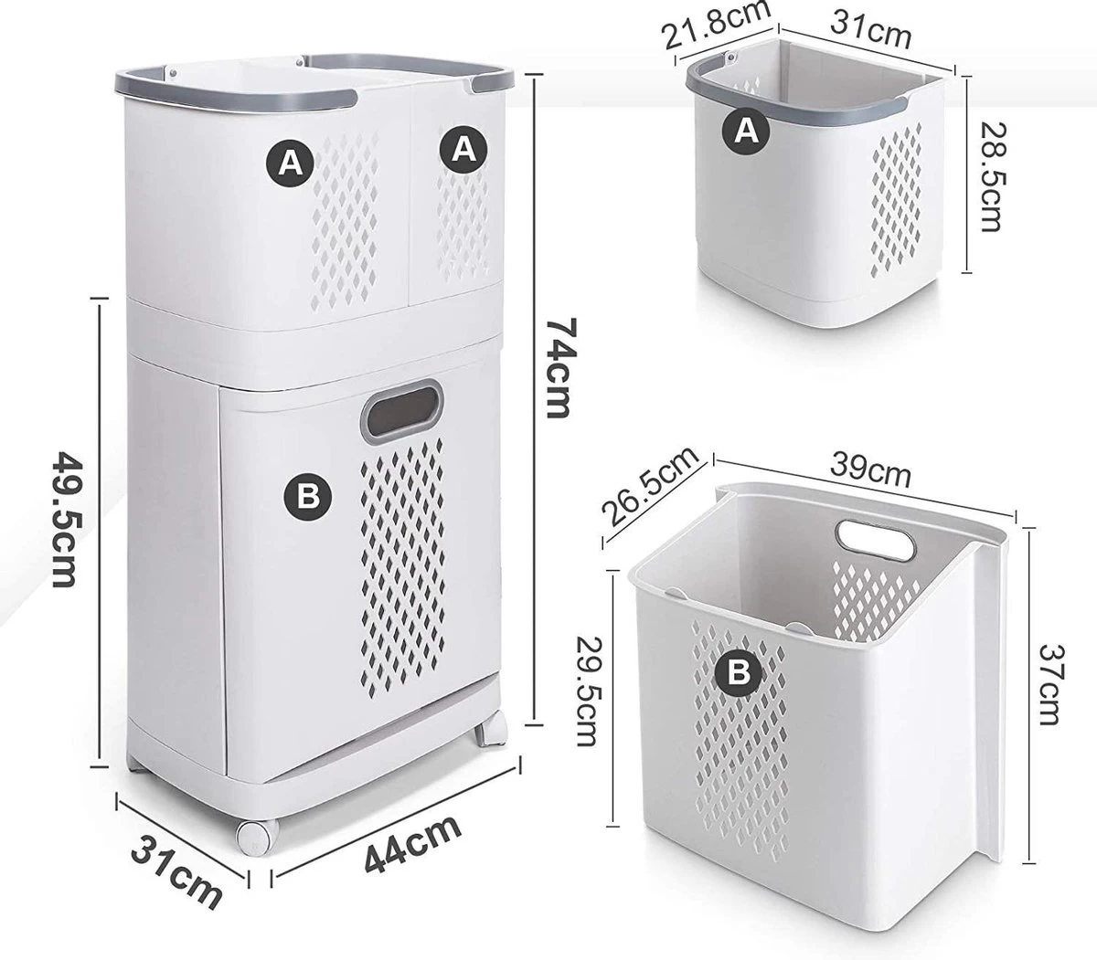 Sens Design Wasmanden Met Deksel - Wassorteerder 3 Vakken Op Wieltjes 2 Sens Design Wasmanden Met Deksel - Wassorteerder 3 Vakken Op Wieltjes - Afbeelding 2