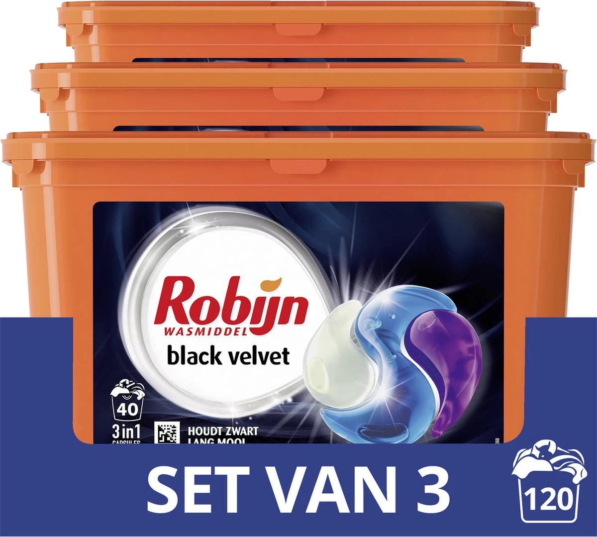 Robijn Wascapsules 3-in-1 Black Velvet - 3 X 40 Stuks - Voordeelverpakking 1 Robijn Wascapsules 3-in-1 Black Velvet - 3 X 40 Stuks - Voordeelverpakking