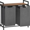 Merkloos Wasmand - Wasverzamelaar - 2 Vakken - Met Plank - Wassorteerbak - Metalen Frame, 2 Uitneembare Vakken Van Oxford Stof - Met Klittenbandsluiting - Vintage Bruin-Grijs