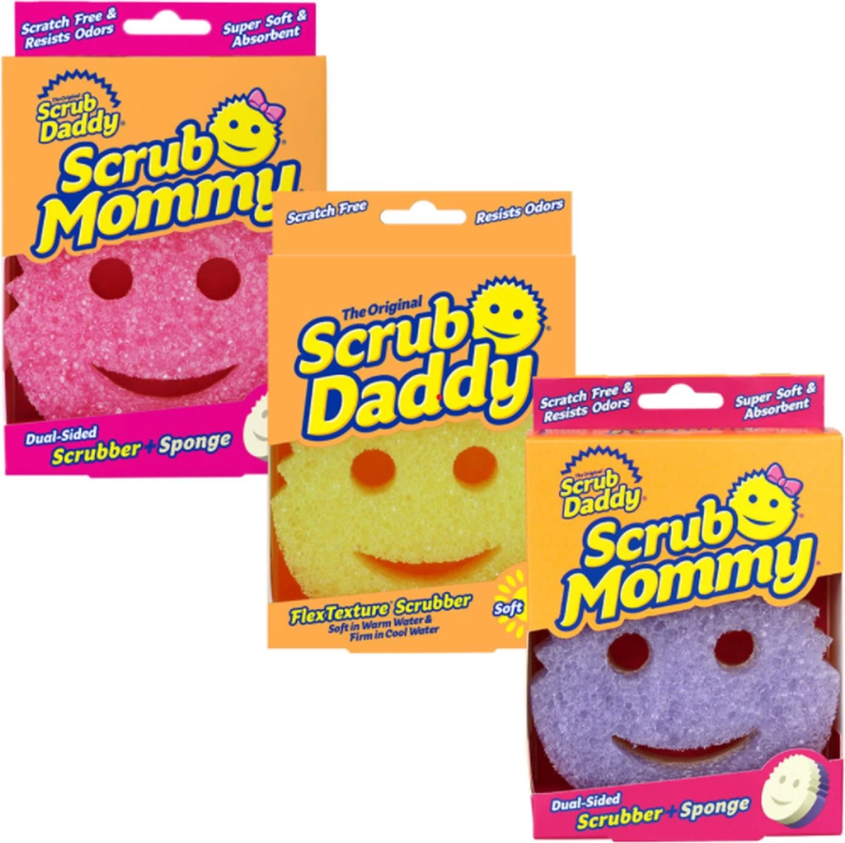 Scrub Daddy + 2 Scrub Mommy - 3 Kleuren - Schoonmaakspons 1 Scrub Daddy + 2 Scrub Mommy - 3 Kleuren - Schoonmaakspons