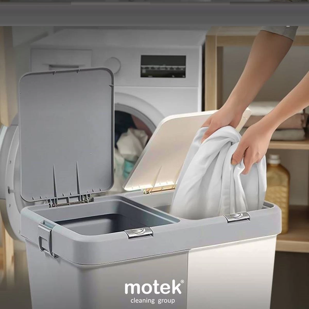Motek® - Wasmand - 2 Vakken Met Deksel - Met Touch Deksel - Gemaakt Van 100% Gerecycled Kunststof - 80 L - Wasmand Met Deksel - Wassorteerder - Grijs - Wit 5 Motek® - Wasmand - 2 Vakken Met Deksel - Met Touch Deksel - Gemaakt Van 100% Gerecycled Kunststof - 80 L - Wasmand Met Deksel - Wassorteerder - Grijs - Wit - Afbeelding 5