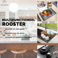 Kitch&Life Afdruiprek Oprolbaar - Mat Zwart - Pannenonderzetter - Afdruipmat - Keukenrek 3-in-1 -Huishoudelijke Schoonmaak 1200x1200 505