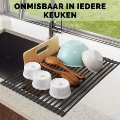 Kitch&Life Afdruiprek Oprolbaar - Mat Zwart - Pannenonderzetter - Afdruipmat - Keukenrek 3-in-1 -Huishoudelijke Schoonmaak 1200x1200 509
