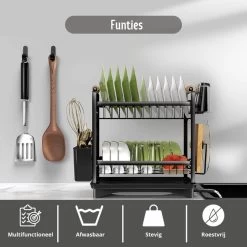 Afdruiprek - Zwart/ Met Flexibele Water Afvoer/ Borden, Pannen Bestek/ RVS/ Lichtgewicht/ Lekbak/ Luxe Uitvoering -Huishoudelijke Schoonmaak 1200x1200 520