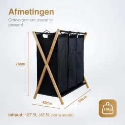 JASC Wasmand 3 Vakken - Wassorteerder - Wasmanden - Zwart - Bamboe - 128 Liter -Huishoudelijke Schoonmaak 1200x1200 595