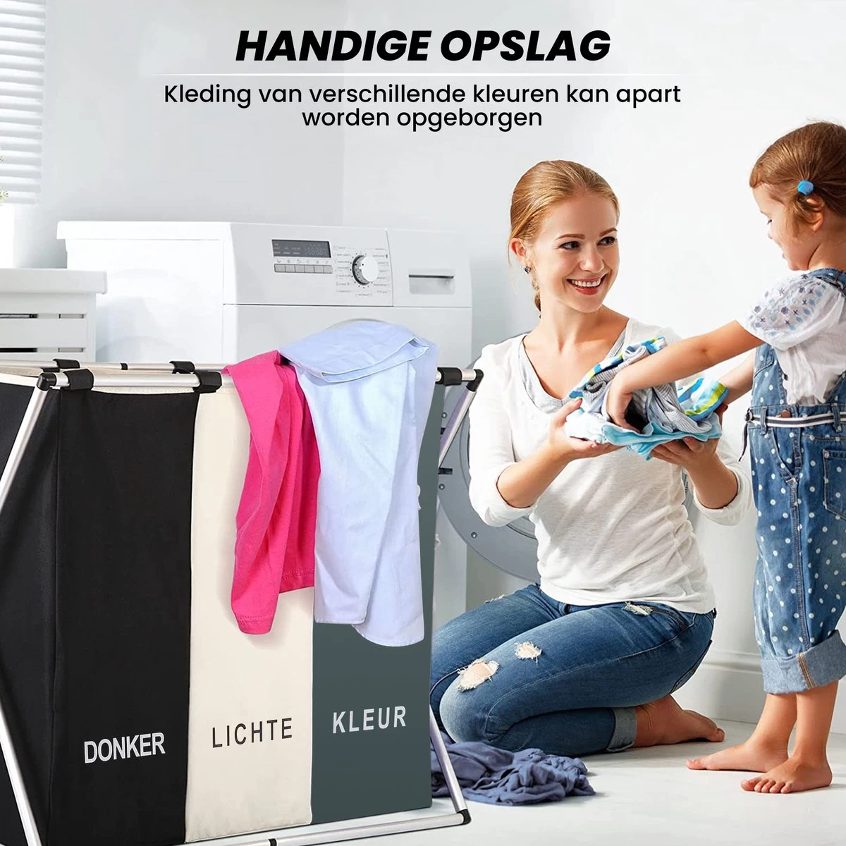 Wasmand 3 Vakken 90L - Opvouwbare Wassorteerder Met NL Opdruk - Aluminium Frame - 2 Wasmand 3 Vakken 90L - Opvouwbare Wassorteerder Met NL Opdruk - Aluminium Frame - - Afbeelding 2