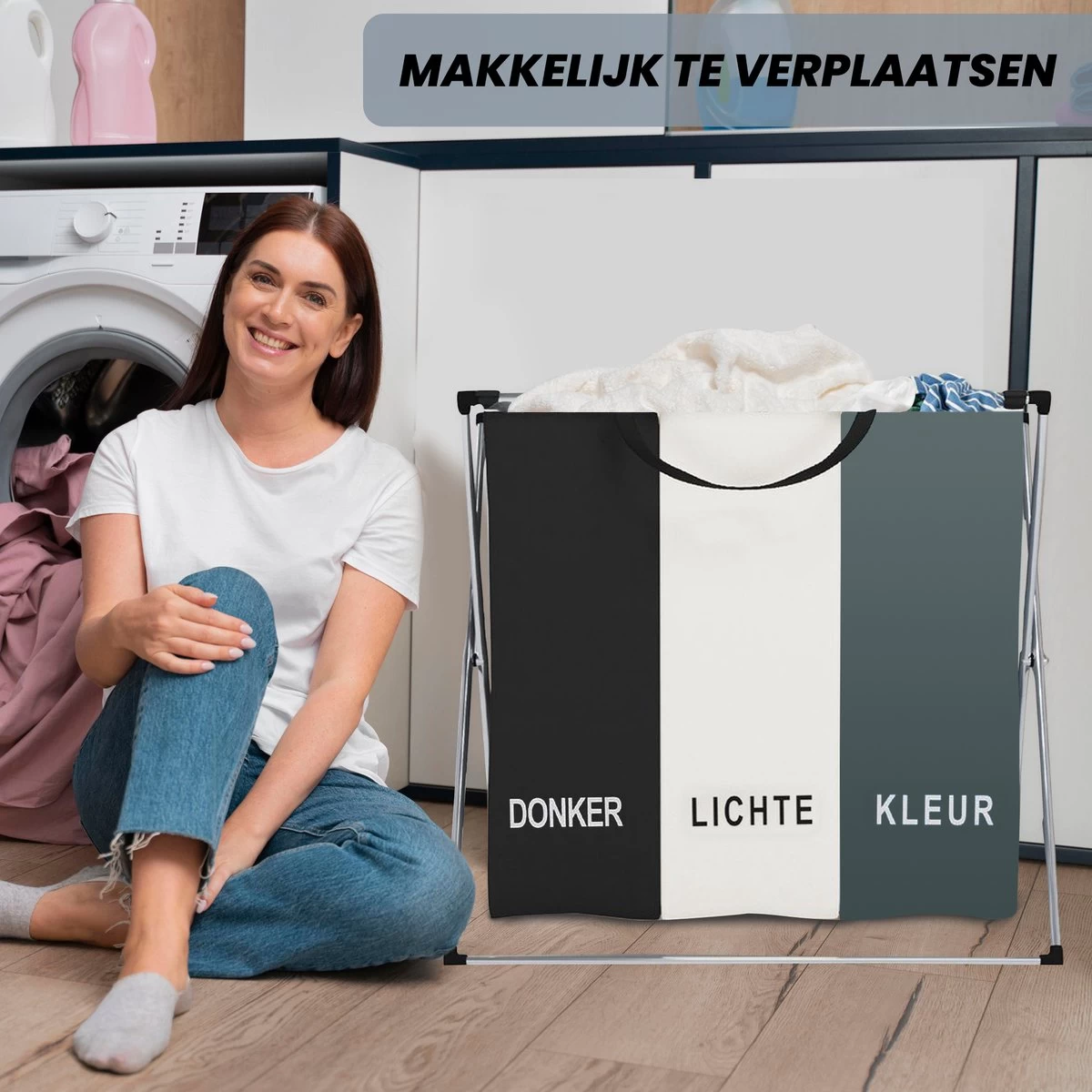 Wasmand 3 Vakken 90L - Opvouwbare Wassorteerder Met NL Opdruk - Aluminium Frame - 6 Wasmand 3 Vakken 90L - Opvouwbare Wassorteerder Met NL Opdruk - Aluminium Frame - - Afbeelding 6