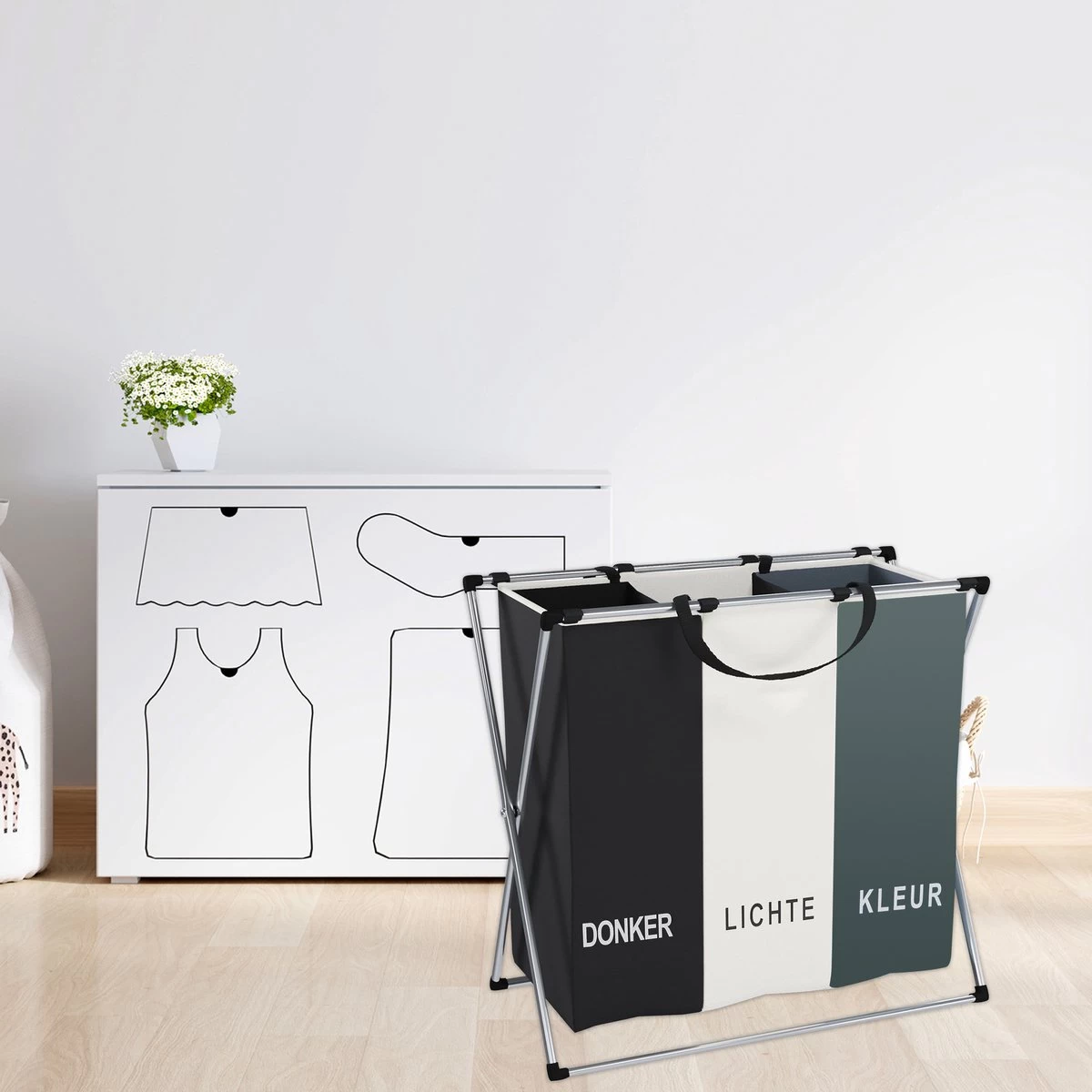 Wasmand 3 Vakken 90L - Opvouwbare Wassorteerder Met NL Opdruk - Aluminium Frame - 8 Wasmand 3 Vakken 90L - Opvouwbare Wassorteerder Met NL Opdruk - Aluminium Frame - - Afbeelding 8