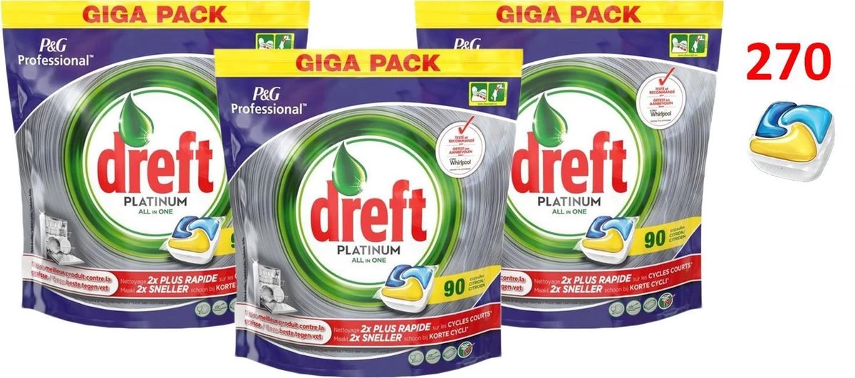 Dreft Platinum - All In One Lemon - 3 X 90 (270) Stuks - Vaatwastabletten - Voordeelverpakking 2 Dreft Platinum - All In One Lemon - 3 X 90 (270) Stuks - Vaatwastabletten - Voordeelverpakking - Afbeelding 2