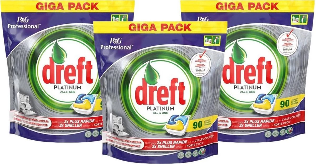 Dreft Platinum - All In One Lemon - 3 X 90 (270) Stuks - Vaatwastabletten - Voordeelverpakking 1 Dreft Platinum - All In One Lemon - 3 X 90 (270) Stuks - Vaatwastabletten - Voordeelverpakking