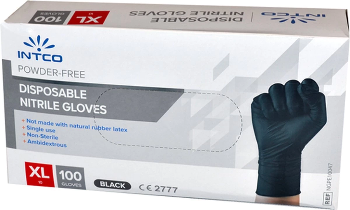 Intco Nitril Handschoenen - Latex Vrij - Zwart - 100 Stuks - Maat XL 1 Intco Nitril Handschoenen - Latex Vrij - Zwart - 100 Stuks - Maat XL