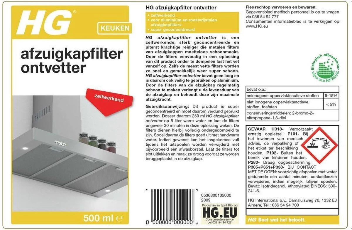 HG Afzuigkapfilter Ontvetter - 500ml - Zelfwerkend 2 HG Afzuigkapfilter Ontvetter - 500ml - Zelfwerkend - Afbeelding 2