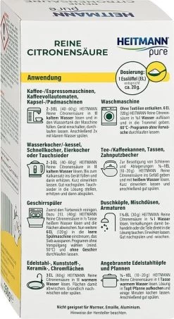 HEITMANN Pure Ontkalker- Citroenzuur Ontkalker, Natuurvriendelijke Kalkreiniger Voor Een Hygiënische Reiniging - Poeder, 1x 350 G -Huishoudelijke Schoonmaak 654x1200