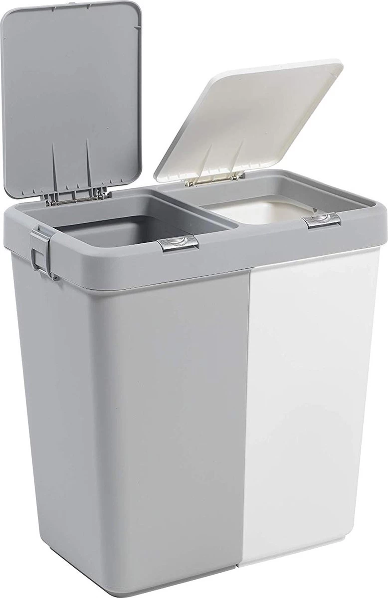 Motek® - Wasmand - 2 Vakken Met Deksel - Met Touch Deksel - Gemaakt Van 100% Gerecycled Kunststof - 80 L - Wasmand Met Deksel - Wassorteerder - Grijs - Wit 1 Motek® - Wasmand - 2 Vakken Met Deksel - Met Touch Deksel - Gemaakt Van 100% Gerecycled Kunststof - 80 L - Wasmand Met Deksel - Wassorteerder - Grijs - Wit