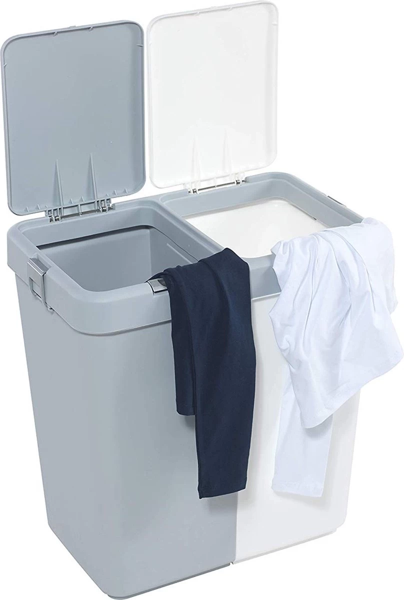 Motek® - Wasmand - 2 Vakken Met Deksel - Met Touch Deksel - Gemaakt Van 100% Gerecycled Kunststof - 80 L - Wasmand Met Deksel - Wassorteerder - Grijs - Wit 7 Motek® - Wasmand - 2 Vakken Met Deksel - Met Touch Deksel - Gemaakt Van 100% Gerecycled Kunststof - 80 L - Wasmand Met Deksel - Wassorteerder - Grijs - Wit - Afbeelding 7