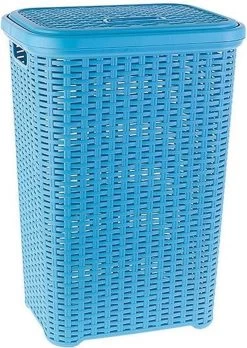 Grote Rotan Wasmand/opbergmand Met Deksel 60 Liter In Kleur Lichtblauw - Kunststof - L35 X B43 X H62 Cm - Wasmanden