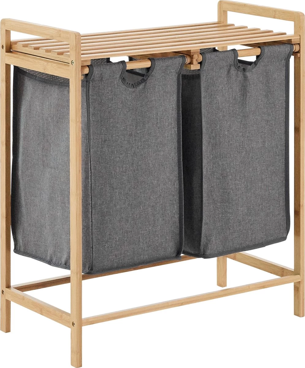 ACAZA Wasmand - Wassorteerder Met 2 Uitschuifbare Waszakken - Stof / Bamboe - Grijs 3 ACAZA Wasmand - Wassorteerder Met 2 Uitschuifbare Waszakken - Stof / Bamboe - Grijs - Afbeelding 3